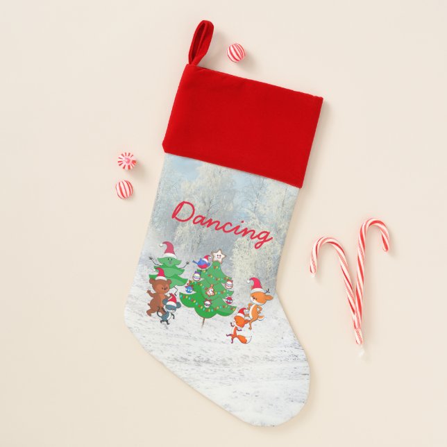 Cartoon Animals Dancing Around the Christmas Tree Christmas Stocking (Front)