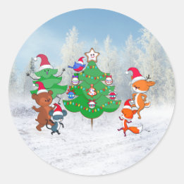 Cartoon Animals Dancing Around the Christmas Tree Classic Round Sticker