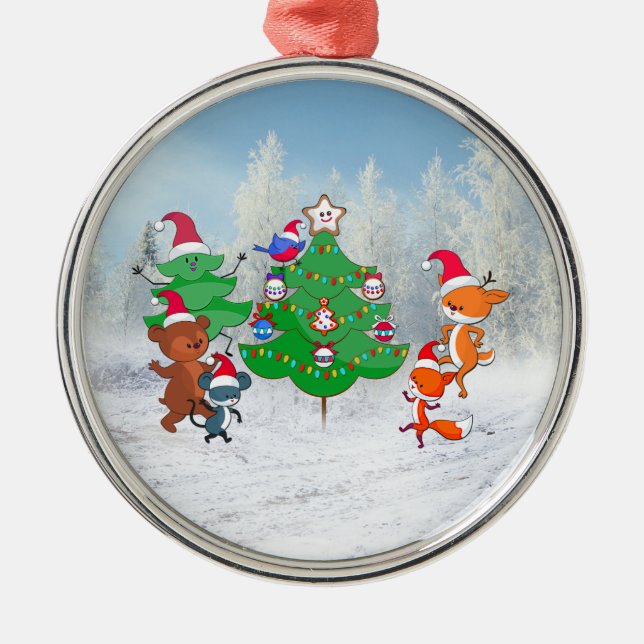 Cartoon Animals Dancing Around the Christmas Tree Metal Ornament (Front)