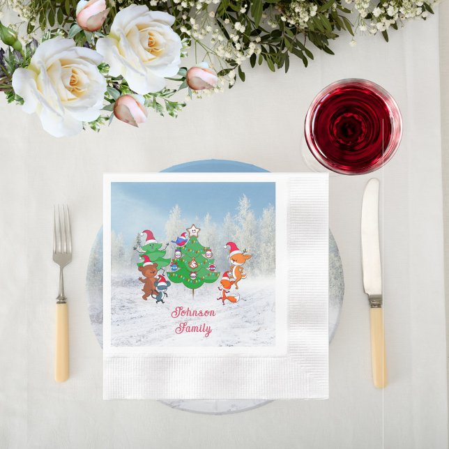 Cartoon Animals Dancing Around the Christmas Tree Napkins (Cartoon Animals Dancing Around the Christmas Tree Paper Napkins)
