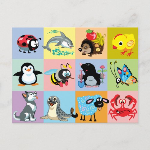 cartoon animals for kids postcard