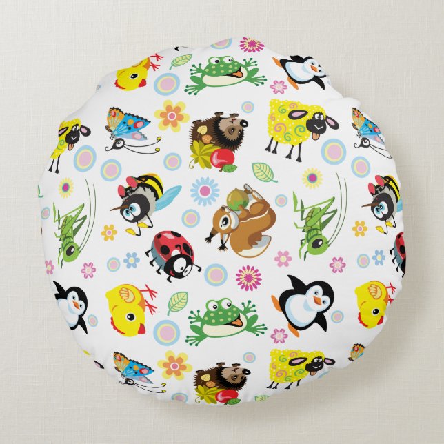 cartoon animals for kids round pillow (Back)