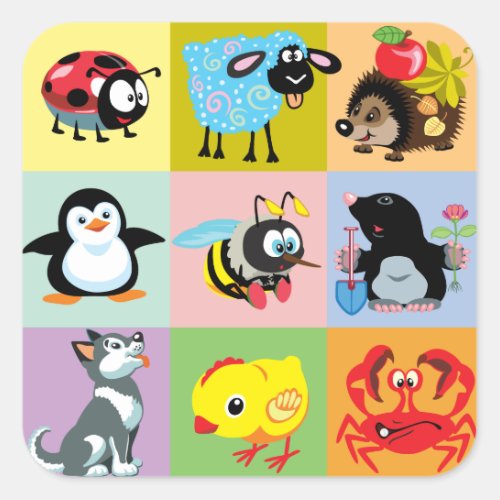 cartoon animals for kids square sticker