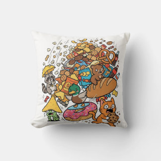 Cartoon animals with falling snacks isolated on wh throw pillow