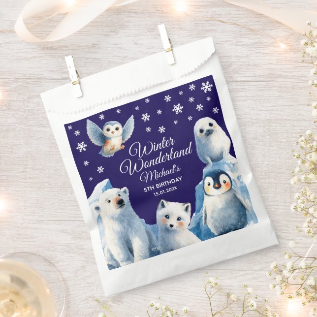 Cartoon Arctic Animals Blue Winter Kids' Birthday  Favor Bag (Clipped)