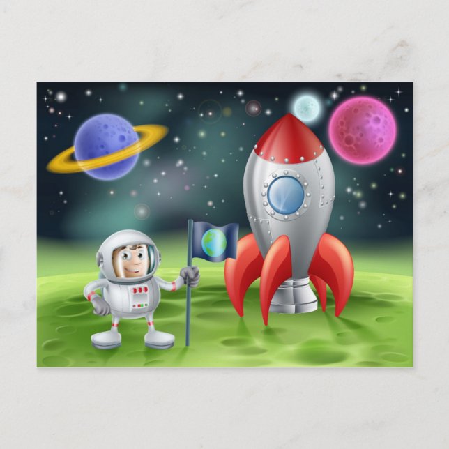 Cartoon astronaut and vintage rocket postcard (Front)