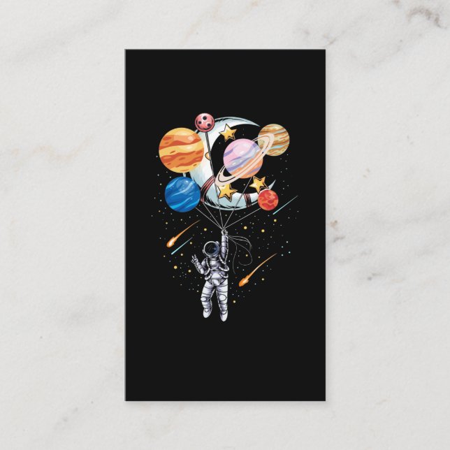Cartoon Astronaut Space Balloon Planets Business Card (Front)