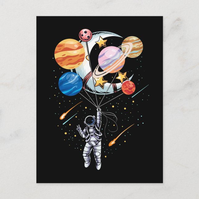 Cartoon Astronaut Space Balloon Planets Postcard (Front)