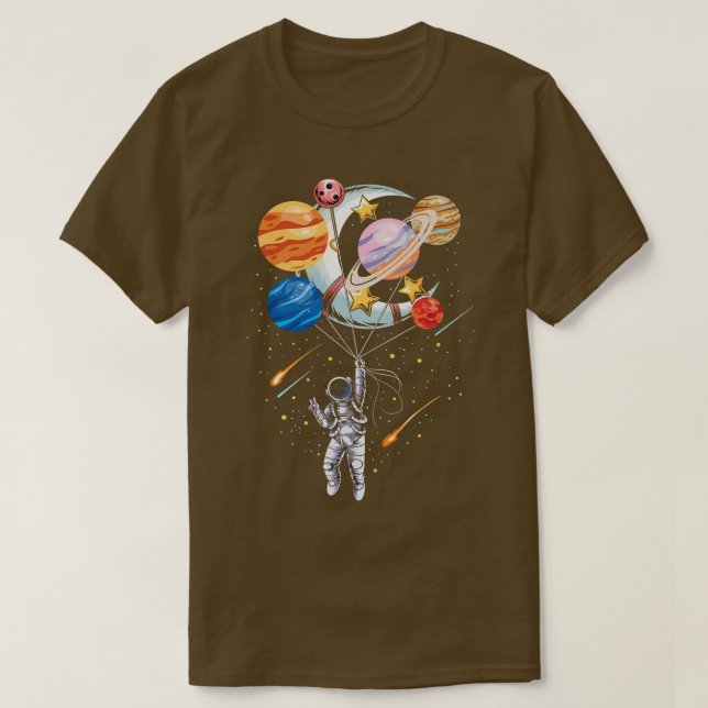 Cartoon Astronaut Space Balloon Planets  T-Shirt (Design Front)
