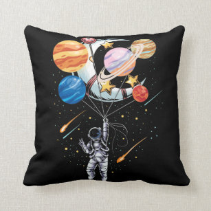 Cartoon Astronaut Space Balloon Planets Throw Pillow