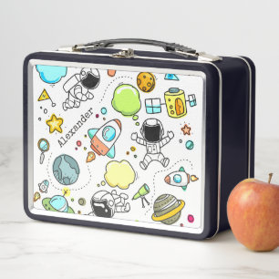 Cartoon Astronaut Space Rockets Boy's Metal Lunch Box