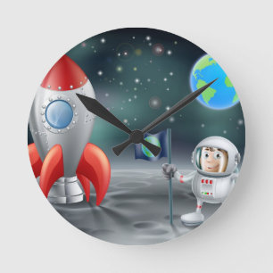 Cartoon astronaut vintage space rocket on moon round clock
