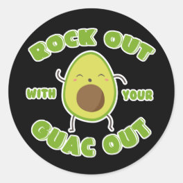 Cartoon Avocado "Rock Out With Your Guac Out" Classic Round Sticker