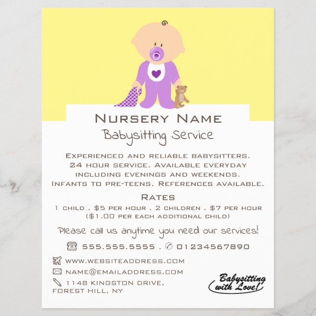 Cartoon Baby & Bear, Babysitter, Daycare, Nursery Flyer (Front)