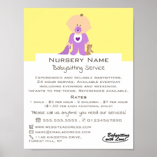 Cartoon Baby  Bear Babysitter Daycare Nursery Poster