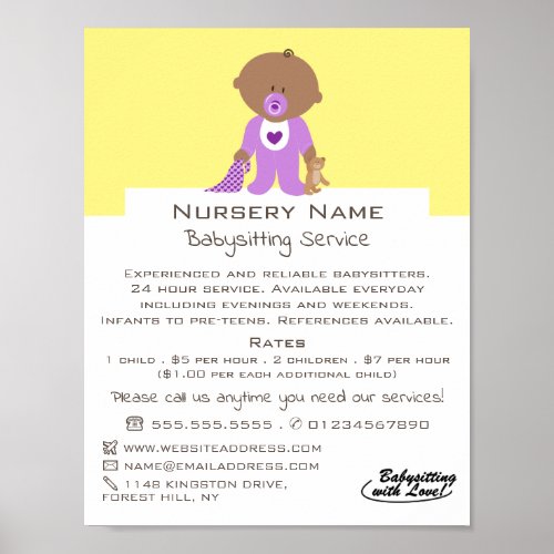 Cartoon Baby  Bear Babysitter Daycare Nursery Poster