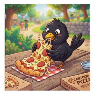 Cartoon Baby Blackbird Crow Raven Eating Pizza Acrylic Print
