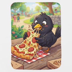 Cartoon Baby Blackbird Crow Raven Eating Pizza Blanket