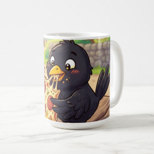 Cartoon Baby Blackbird Crow Raven Eating Pizza Coffee Mug