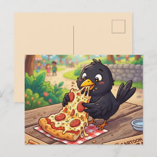 Cartoon Baby Blackbird Crow Raven Eating Pizza Holiday Postcard