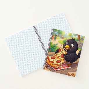 Cartoon Baby Blackbird Crow Raven Eating Pizza Notebook