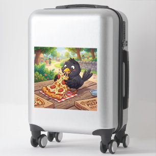 Cartoon Baby Blackbird Crow Raven Eating Pizza Sticker