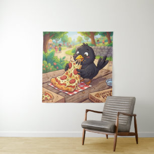 Cartoon Baby Blackbird Crow Raven Eating Pizza Tapestry