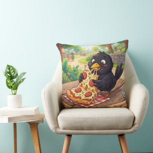 Cartoon Baby Blackbird Crow Raven Eating Pizza Throw Pillow