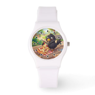 Cartoon Baby Blackbird Crow Raven Eating Pizza Watch