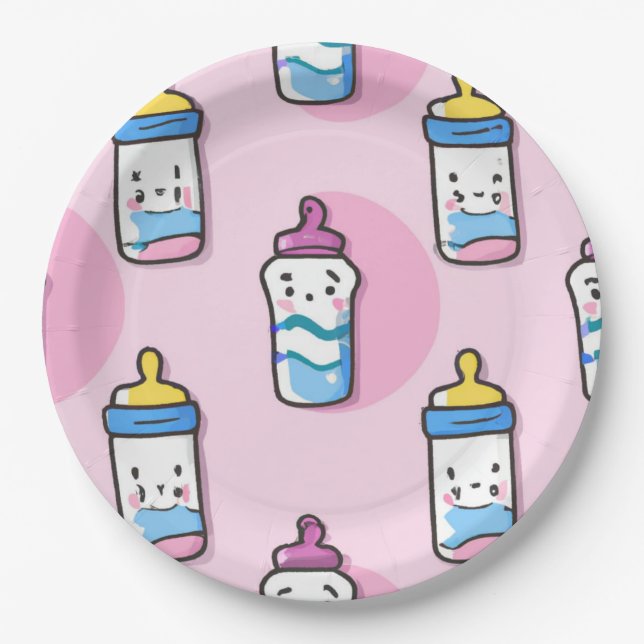 cartoon baby bottle fun baby shower paper plates (Front)