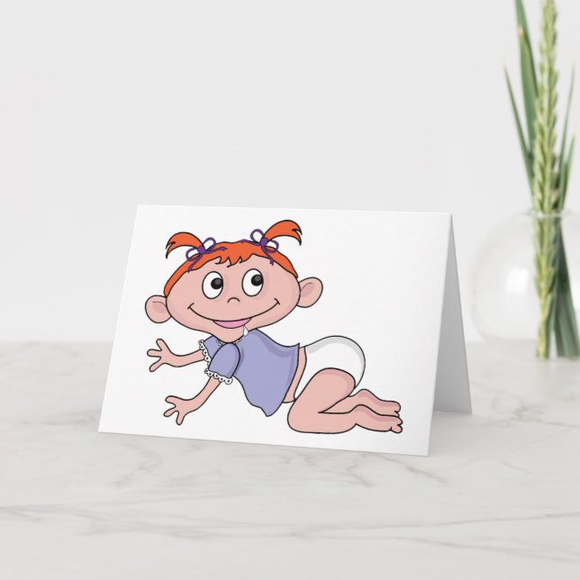Cartoon Baby Girl Crawling Red Hair Purple Bows Card (Front)