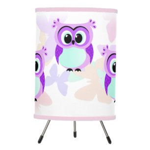 Cartoon baby lilac owl and light blue tripod lamp