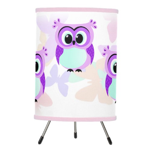 Cartoon baby lilac owl and light blue tripod lamp