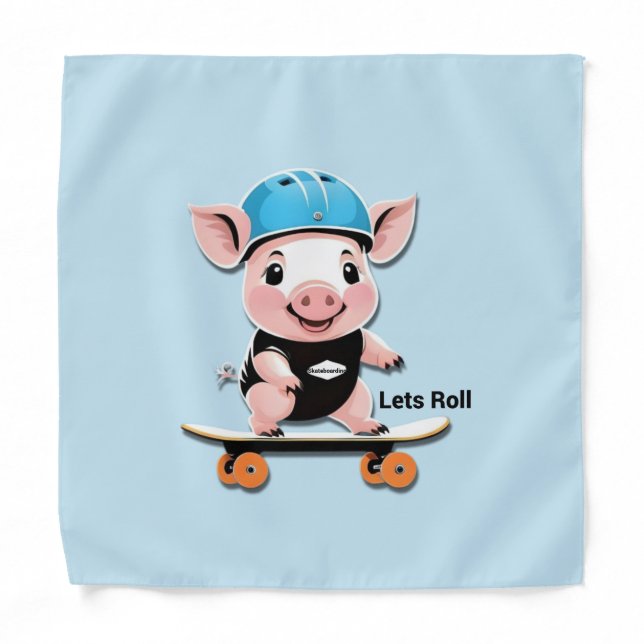 Cartoon Baby Pig Riding A Skateboard Lets Roll, Bandana (Front)