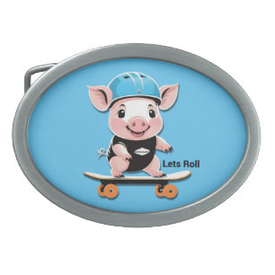 Cartoon Baby Pig Riding A Skateboard Lets Roll, Belt Buckle