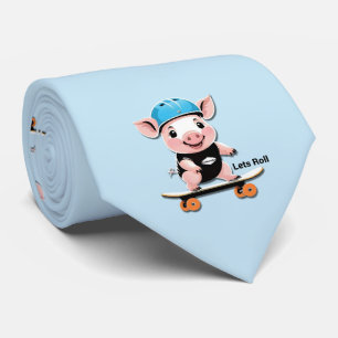 Cartoon Baby Pig Riding A Skateboard Lets Roll, Neck Tie