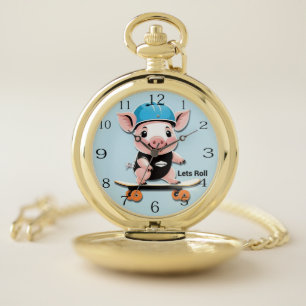 Cartoon Baby Pig Riding A Skateboard Lets Roll, Pocket Watch