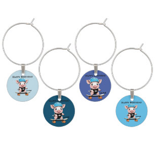 Cartoon Baby Pig Skateboarding Lets Roll, Birthday Wine Charm