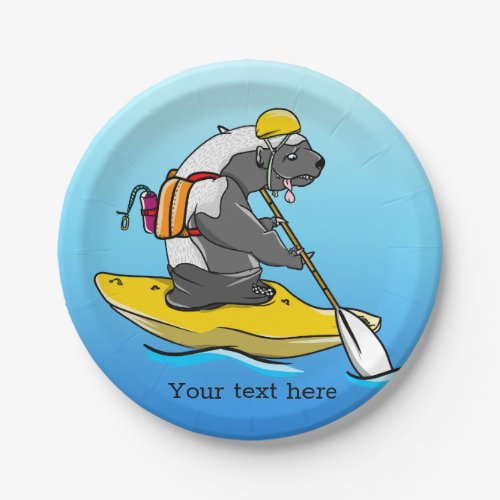 Cartoon badger in a kayak paper plates