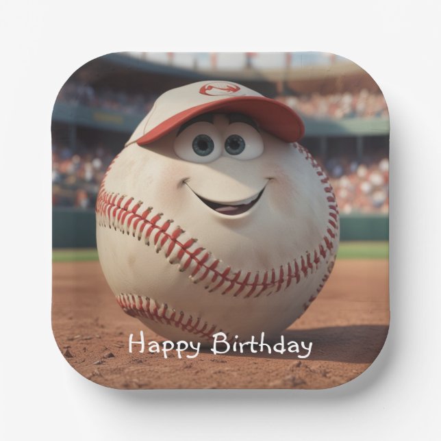 Cartoon Baseball Birthday Paper Plates (Front)