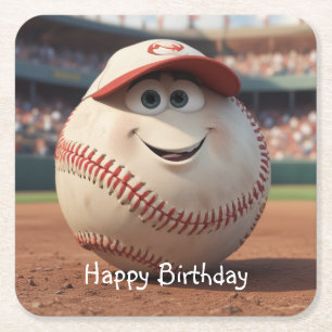 Cartoon Baseball Birthday Square Paper Coaster