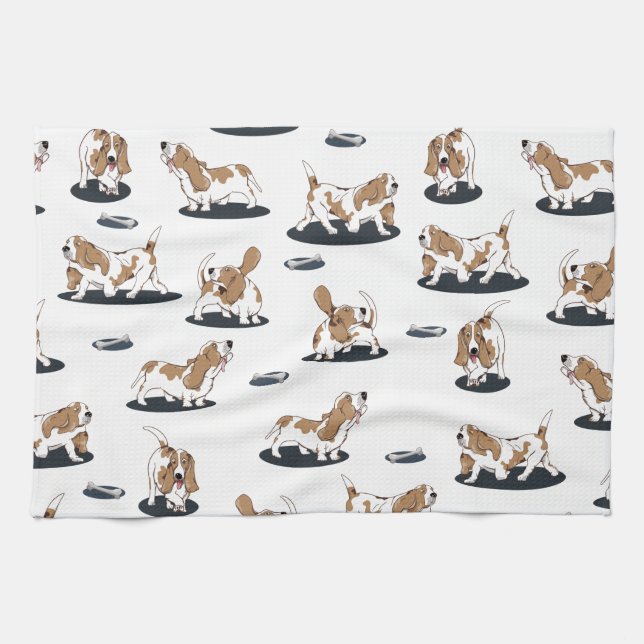 Cartoon Basset Hounds Dog Pattern Kitchen Towel (Horizontal)