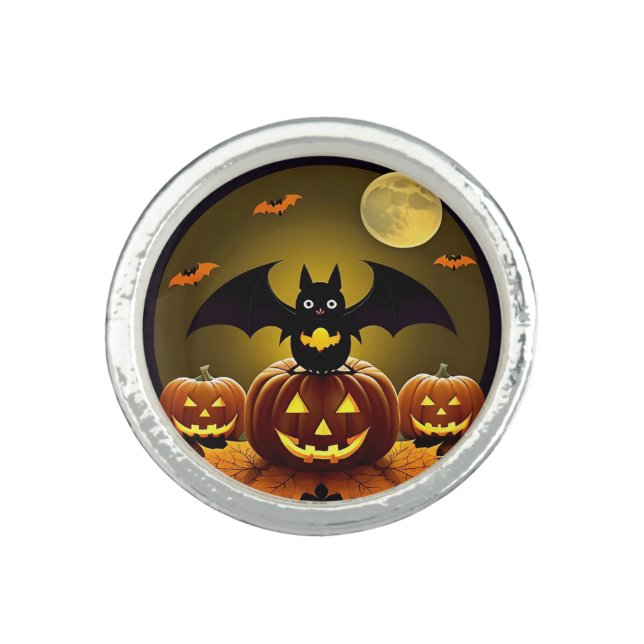 Cartoon Bat and Pumpkins Under Full Moon Ring (Front)