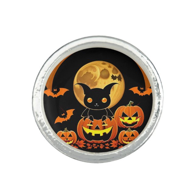 Cartoon Bat and Pumpkins Under Full Moon Ring (Front)