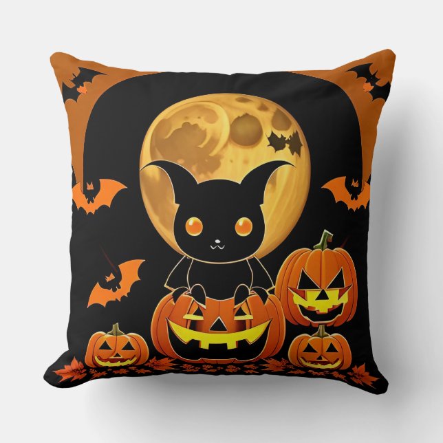 Cartoon Bat and Pumpkins Under Full Moon Throw Pillow (Front)