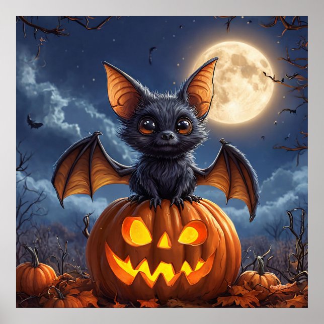 Cartoon Bat Pumpkins Full Moon Halloween Poster (Front)