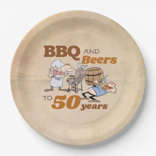 Cartoon BBQ And Beers 50th Birthday Rustic Paper Plates
