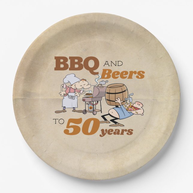 Cartoon BBQ And Beers 50th Birthday Rustic Paper Plates (Front)