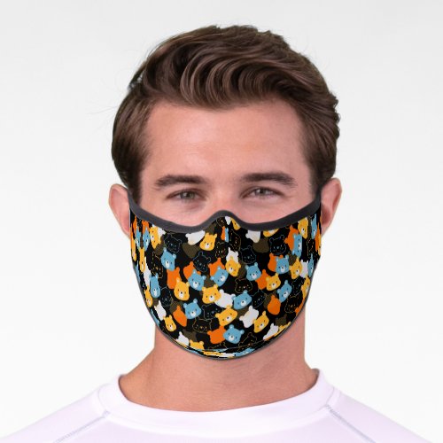 Cartoon Bear Head Pattern on Bold Black Background Premium Face Mask