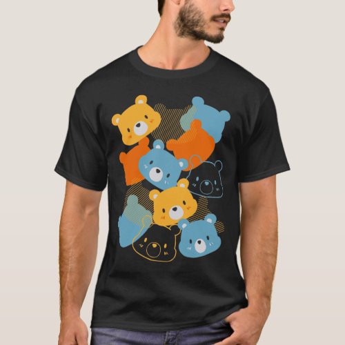 Cartoon Bear Head Pattern on Bold Black Background T_Shirt